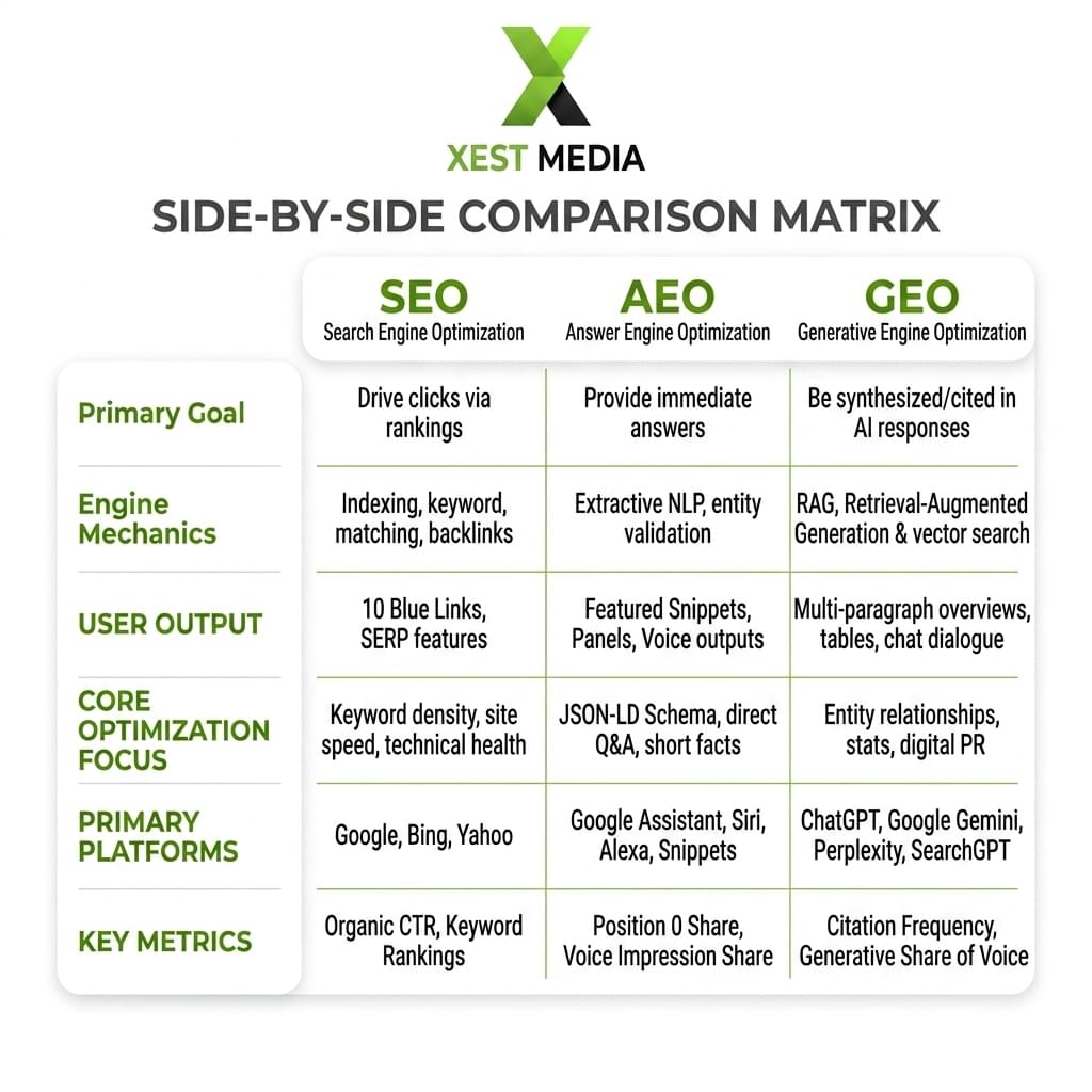 SEO AEO and GEO side by side comparison
